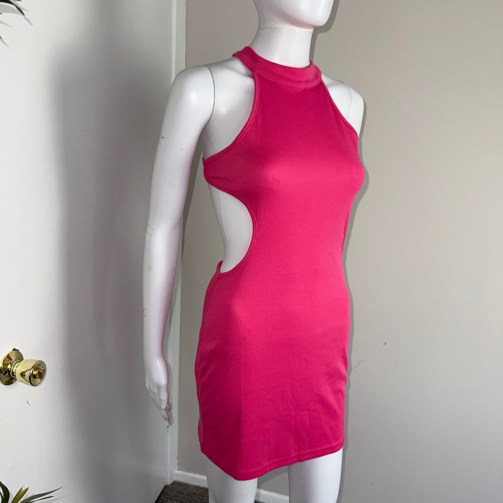 Micas Hot Pink Mini Dress Ribbed Halter Cutout Backless Party Club Size M‎